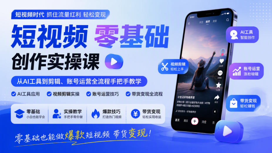 短视频零基础创作实操课,从AI工具到剪辑、账号运营全流程手把手教学,零基础也能做爆款短视频带货变现-宇文网创