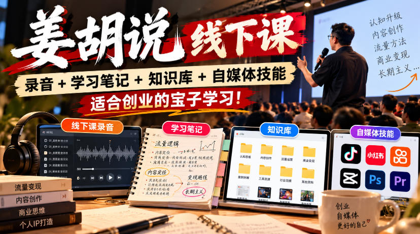 姜胡说线下课录音+学习笔记+知识库+自媒体技能,适合创业的宝子学习!-宇文网创