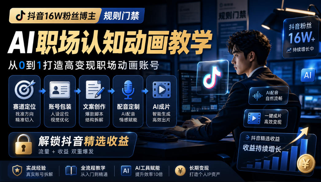 抖音16W粉丝博主规则门禁的AI职场认知动画教学,从赛道定位、账号包装,到文案创作、配音定制、AI成片,解锁抖音精选收益-宇文网创
