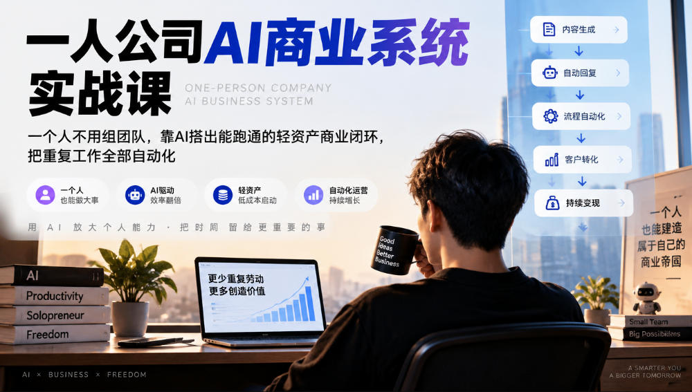 一人公司AI商业系统实战课,一个人不用组团队,靠AI搭出能跑通的轻资产商业闭环,把重复工作全部自动化-宇文网创
