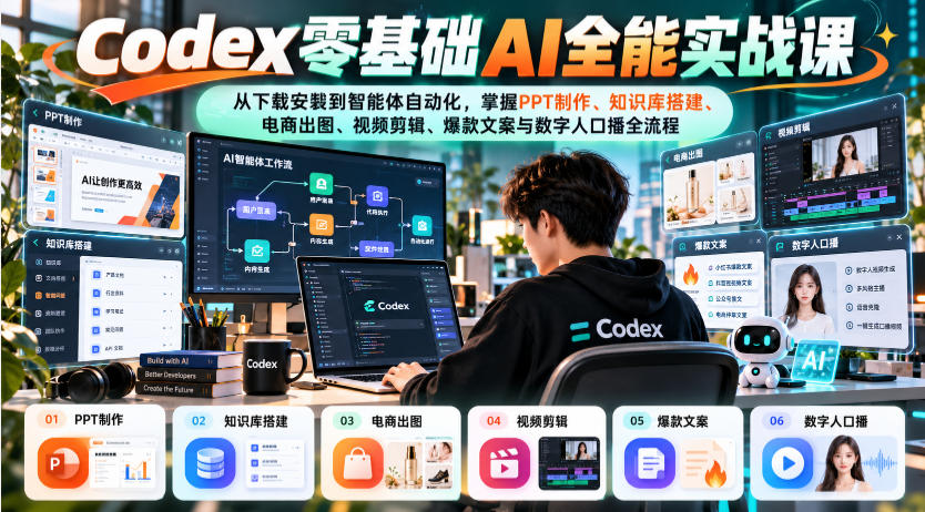 Codex零基础AI全能实战课:从下载安装到智能体自动化,掌握知识库搭建、电商出图、视频剪辑、爆款文案与数字人口播全流程-宇文网创