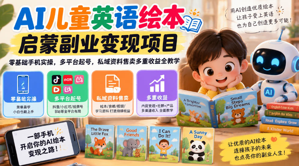 AI儿童英语绘本启蒙副业变现项目,零基础手机实操,多平台起号,私域资料售卖多重收益全教学-宇文网创