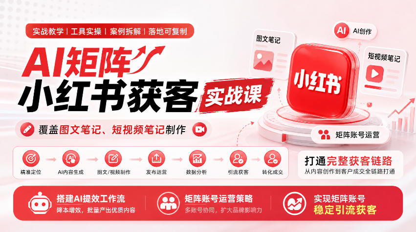 AI矩阵小红书获客实战课,覆盖图文笔记、短视频笔记制作,打通完整获客链路,搭建AI提效工作流,实现矩阵账号稳定引流获客-宇文网创