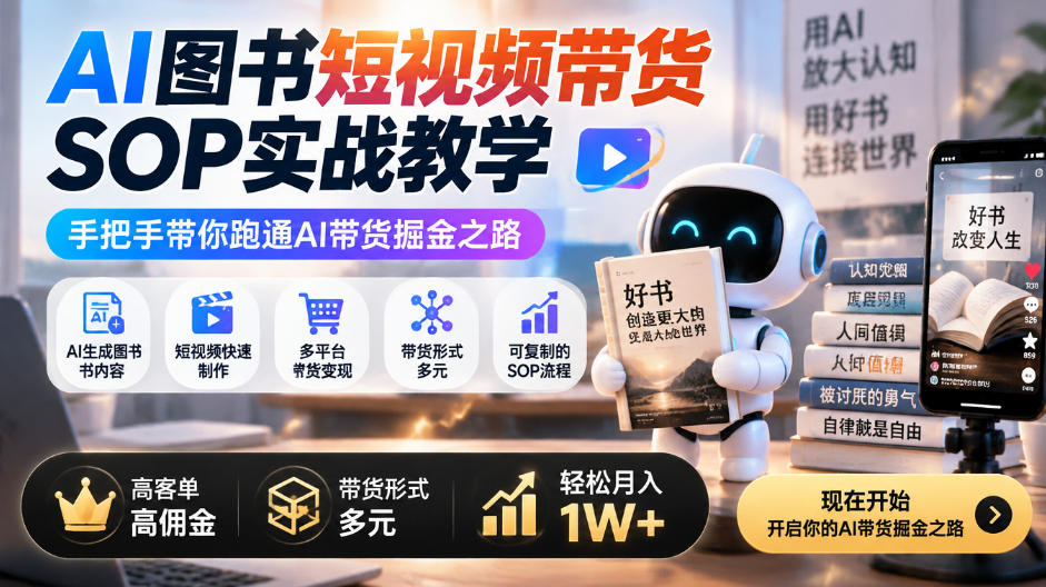 AI图书短视频带货SOP实战教学,手把手带你跑通AI带货掘金之路,高客单高佣金,带货形式多元,轻松月入1W+-宇文网创