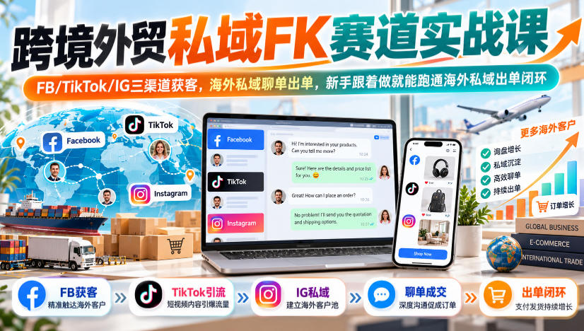 跨境外贸私域FK赛道实战课|FB/TikTok/IG三渠道获客,海外私域聊单出单,新手跟着做就能跑通海外私域出单闭环-宇文网创
