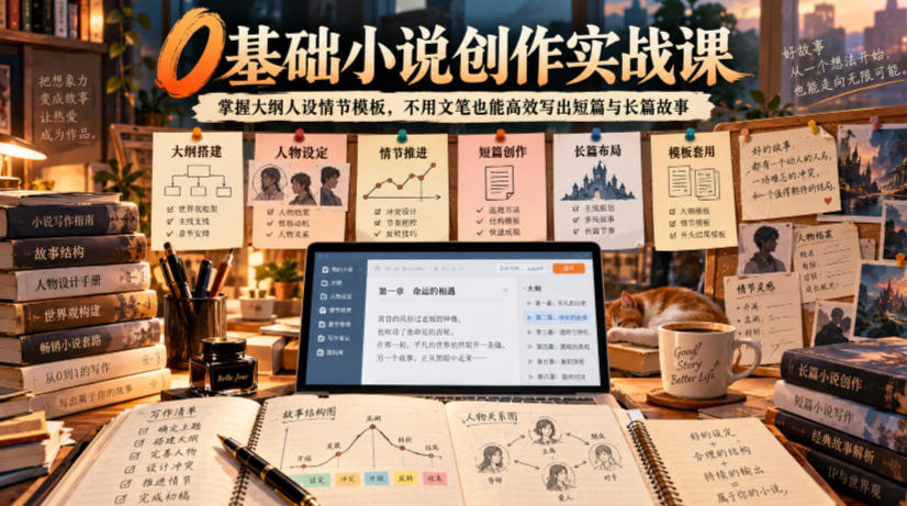 0基础小说创作实战课|掌握大纲人设情节模板,不用文笔也能高效写出短篇与长篇故事-宇文网创