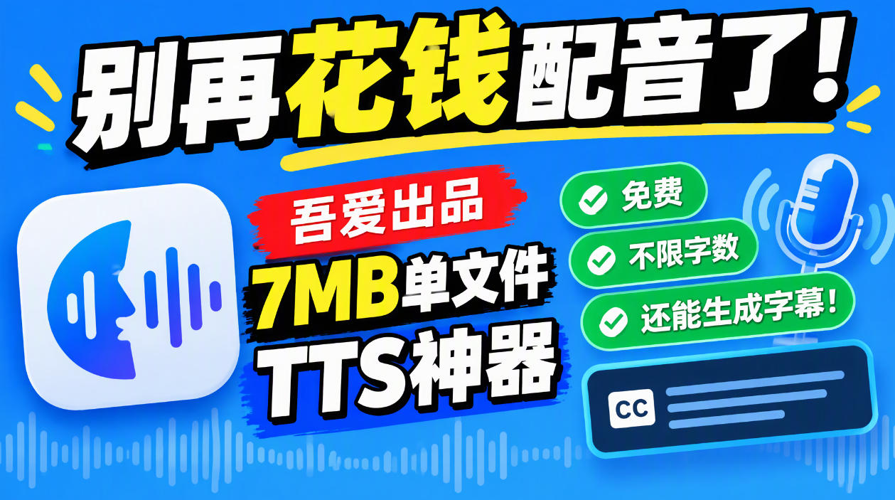 别再花钱配音了!吾爱出品7MB单文件TTS神器,免费不限字数还能生成字幕!-宇文网创