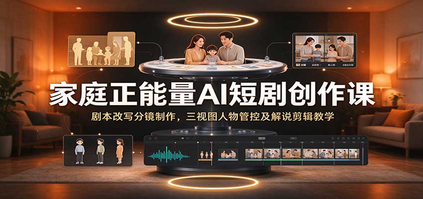 家庭正能量AI短剧创作课:剧本改写分镜制作,三视图人物管控及解说剪辑教学-宇文网创