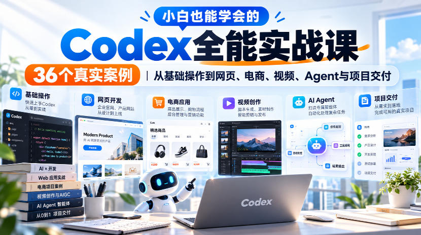 小白也能学会的Codex全能实战课｜36个真实案例，从基础操作到网页、电商、视频、Agent与项目交付-宇文网创
