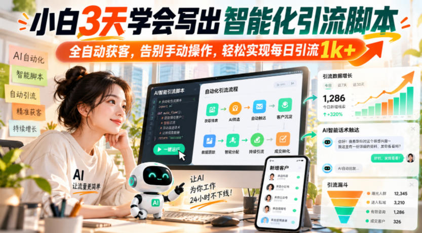 小白3天学会写出智能化引流脚本,全自动获客,告别手动操作,轻松实现每日引流1k+-宇文网创