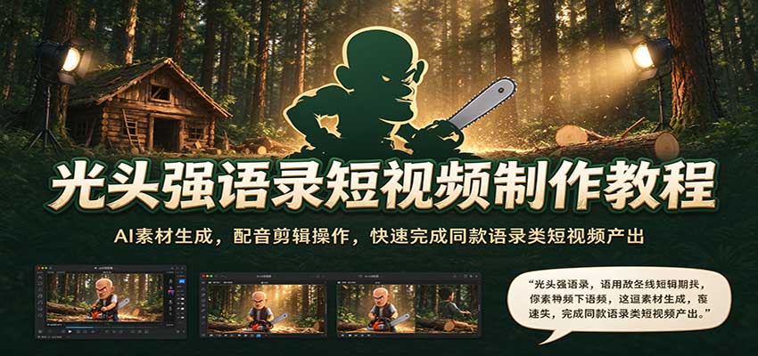 光头强语录短视频制作教程：AI素材生成，配音剪辑操作，快速完成同款语录类短视频产出-宇文网创