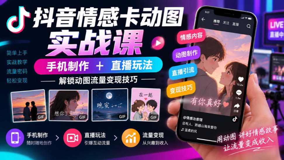 抖音情感卡动图实战课|手机制作+直播玩法,解锁动图流量变现技巧-宇文网创