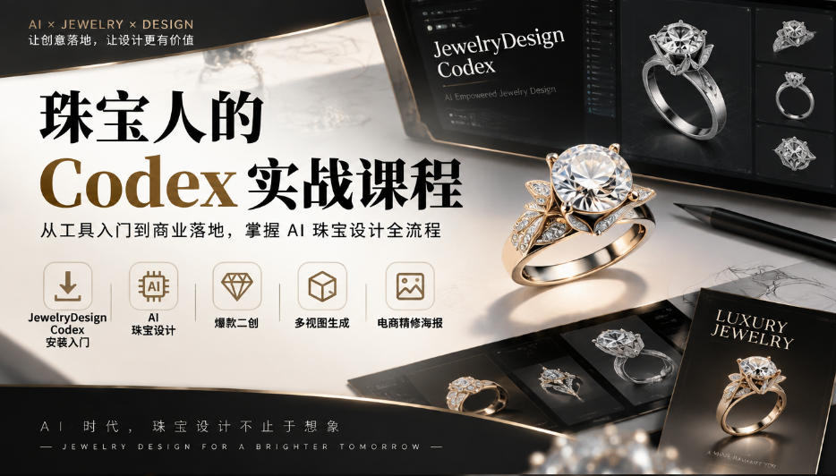 珠宝人的Codex实战课程|JewelryDesign Codex安装入门、AI珠宝设计、爆款二创、多视图生成、电商精修海报全链路教学-宇文网创