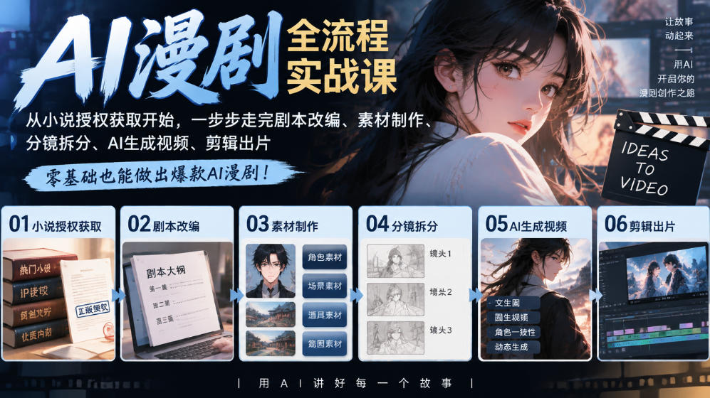 AI漫剧全流程实战课|从小说授权获取开始,一步步走完剧本改编、素材制作、分镜拆分、AI生成视频、剪辑出片全流程-宇文网创