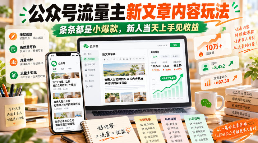 公众号流量主新文章内容玩法,条条都是小爆款,新人当天上手见收益-宇文网创
