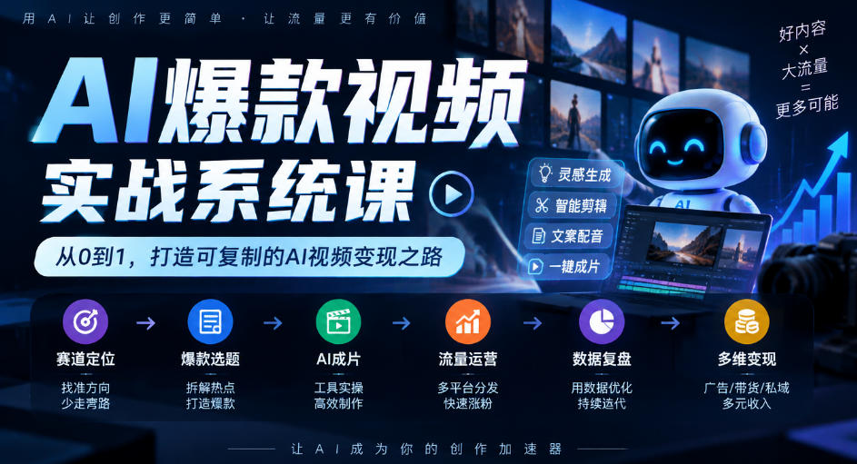 AI爆款视频实战系统课｜赛道定位、爆款选题、AI成片、流量运营、数据复盘、多维变现全链路教学-宇文网创