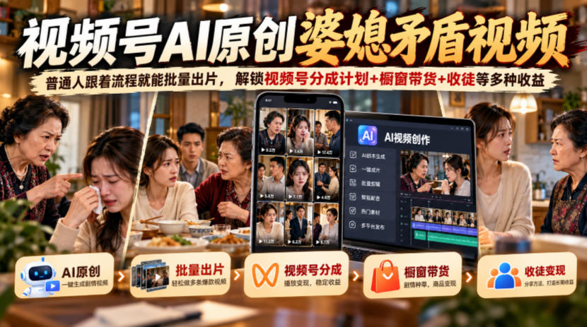 视频号ai原创婆媳矛盾视频，普通人跟着流程就能批量出片，解锁视频号分成计划+橱窗带货+收徒等多种收益-宇文网创
