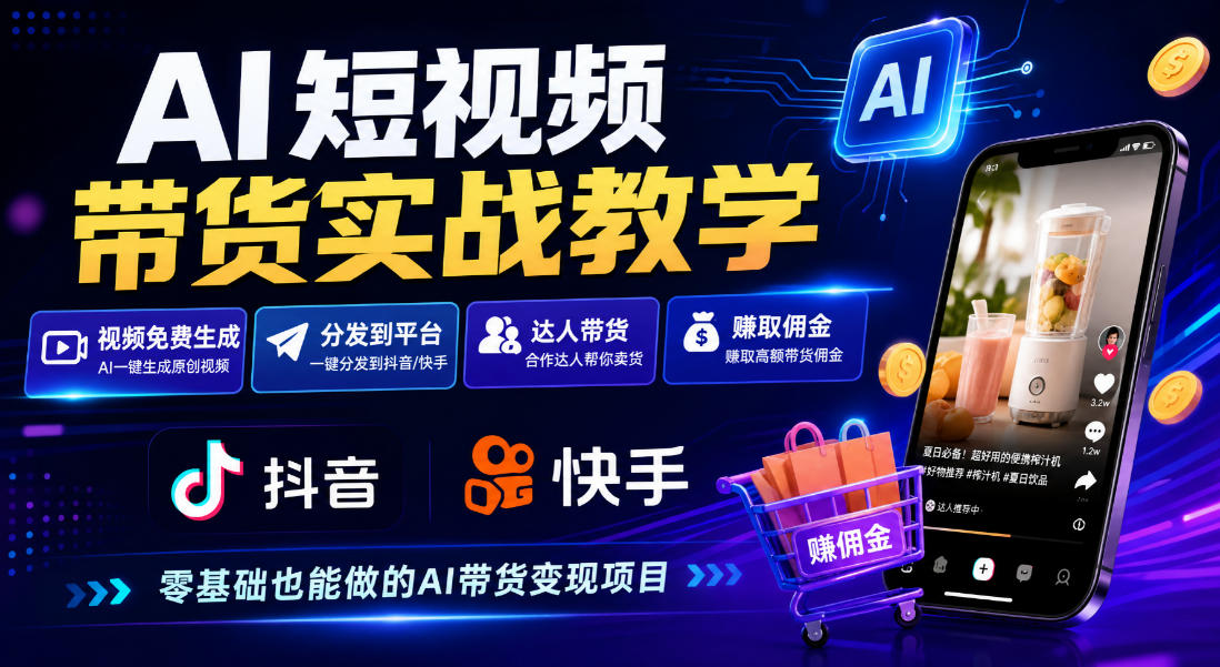 AI短视频带货实战教学,视频免费生成,分发到抖音快手平台,达人带货賺佣金-宇文网创