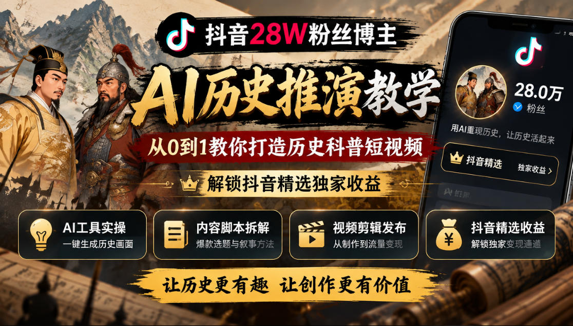 抖音28W粉丝博主的AI历史推演教学,从0到1教你打造历史科普短视频,解锁抖音精选独家收益-宇文网创