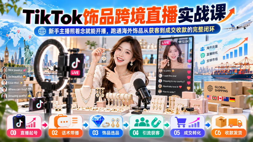 TikTok饰品跨境直播实战课,新手主播照着念就能开播,跑通海外饰品从获客到成交收款的完整闭环-宇文网创