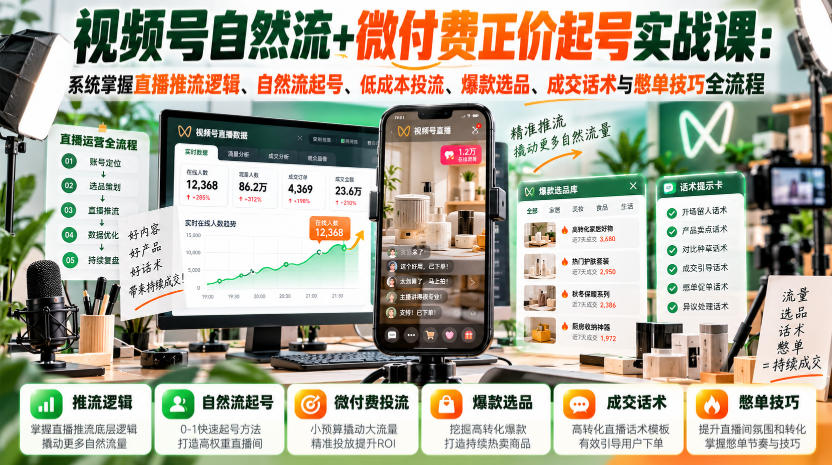 视频号自然流+微付费正价起号实战课：系统掌握直播推流逻辑、自然流起号、低成本投流、爆款选品、成交话术与憋单技巧全流程-宇文网创