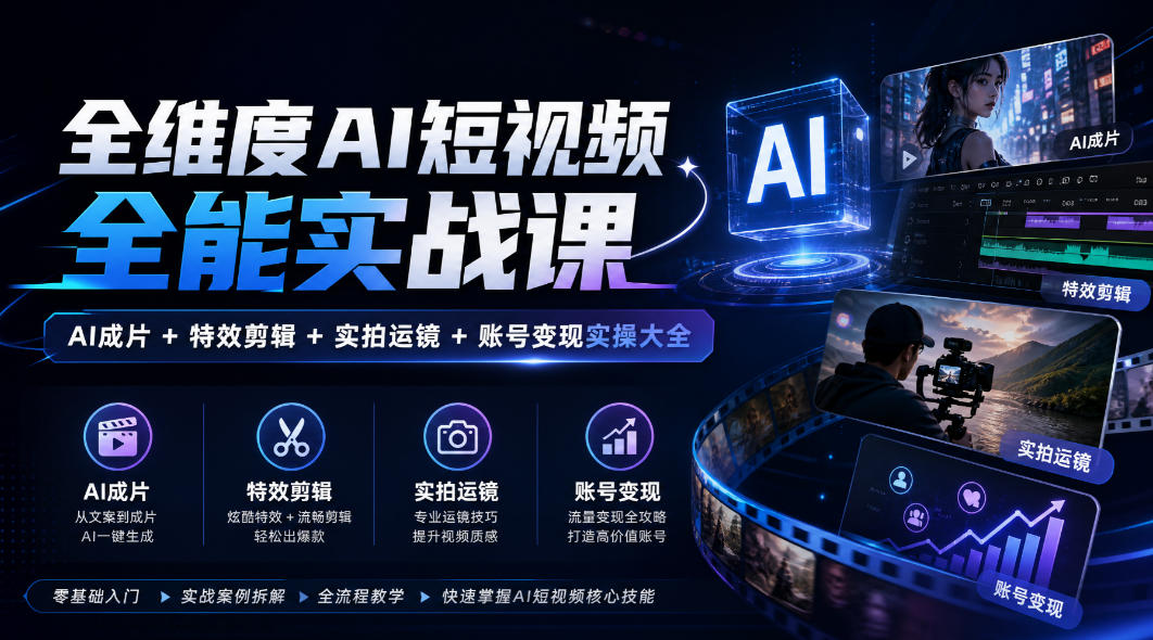 全维度AI短视频全能实战课,AI成片+特效剪辑+实拍运镜+账号变现实操大全-宇文网创