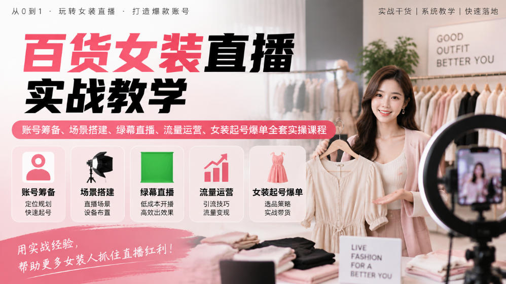 百货女装直播实战教学|账号筹备、场景搭建、绿幕直播、流量运营、女装起号爆单全套实操课程-宇文网创