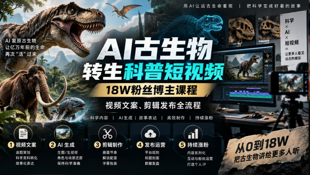 AI古生物转生科普短视频，18W粉丝博主课程，视频文案、剪辑发布全流程-宇文网创