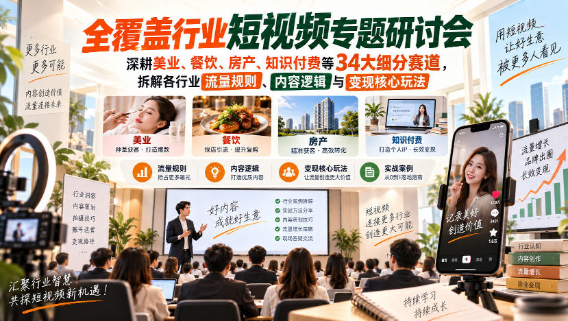短视频专题研讨会，深耕美业、餐饮、房产、知识付费等34大细分赛道，拆解各行业流量规则、内容逻辑与变现核心玩法（更新1011）-宇文网创