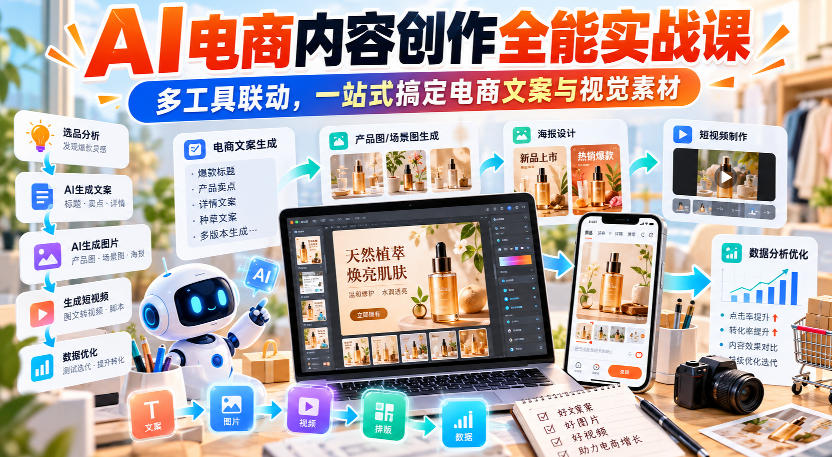【无水印】AI电商内容创作全能实战课｜多工具联动，一站式搞定电商文案与视觉素材-宇文网创