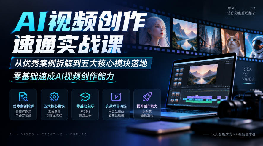 AI视频创作速通实战课|从优秀案例拆解到五大核心模块落地,零基础速成AI视频创作能力-宇文网创