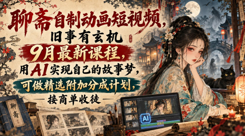 聊斋自制动画短视频,旧事有玄机9月最新课程,用AI实现自己的故事梦,可做精选附加分成计划,接商单收徒-宇文网创
