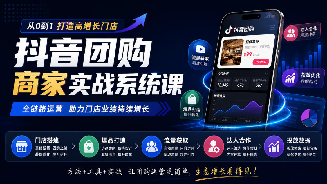 抖音团购商家实战系统课|门店搭建、爆品打造、流量获取、达人合作、投放数据全链路运营-宇文网创