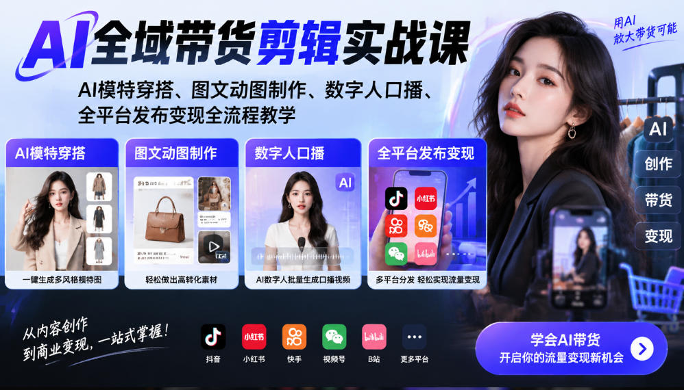 AI全域带货剪辑实战课|AI模特穿搭、图文动图制作、数字人口播、全平台发布变现全流程教学-宇文网创