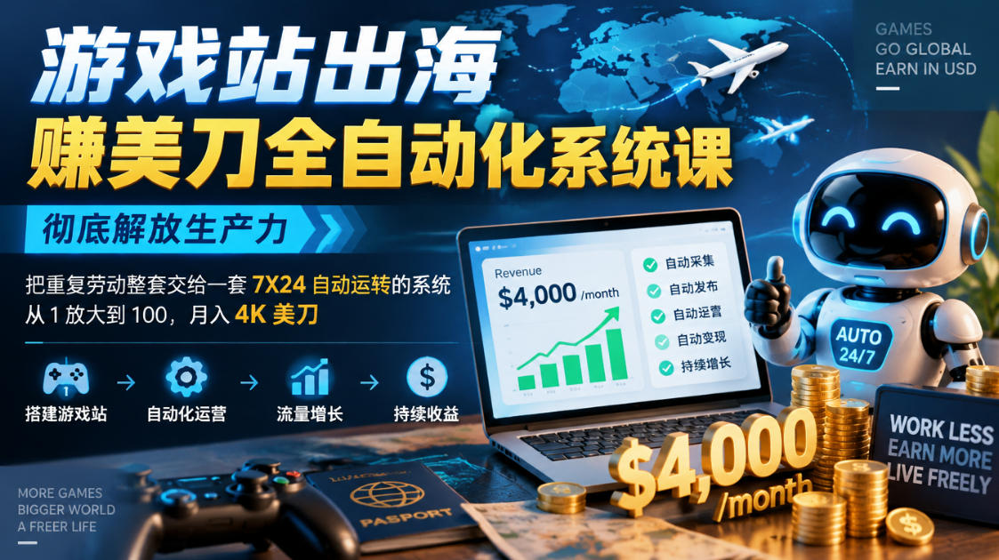 游戏站出海賺美刀全自动化系统课,彻底解放生产力–把重复劳动整套交给一套7X24自动运转的系统,从1放大到100,月入4K美刀-宇文网创