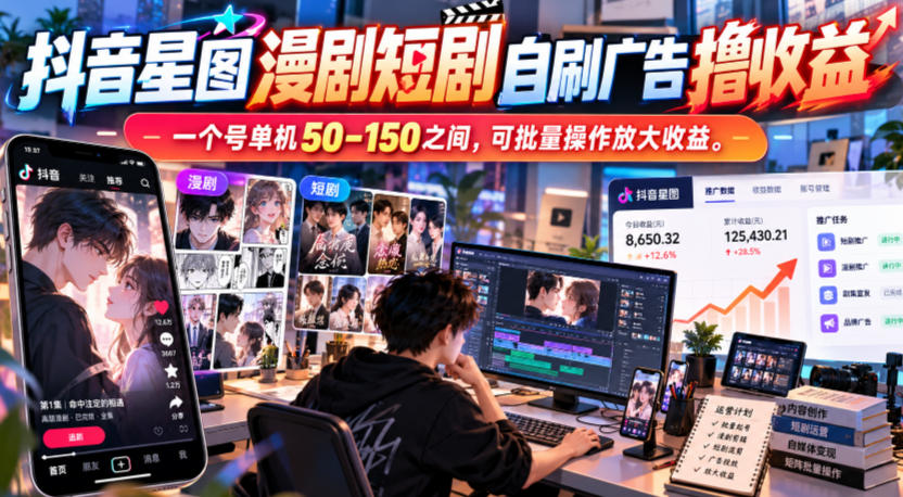 抖音星图漫剧短剧自刷广告撸收益，一个号单机50-150之间，可批量操作放大收益-宇文网创