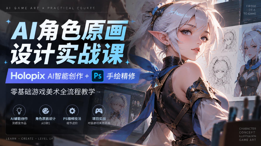 AI角色原画设计实战课｜Holopix AI智能创作+PS手绘精修，零基础游戏美术全流程教学-宇文网创