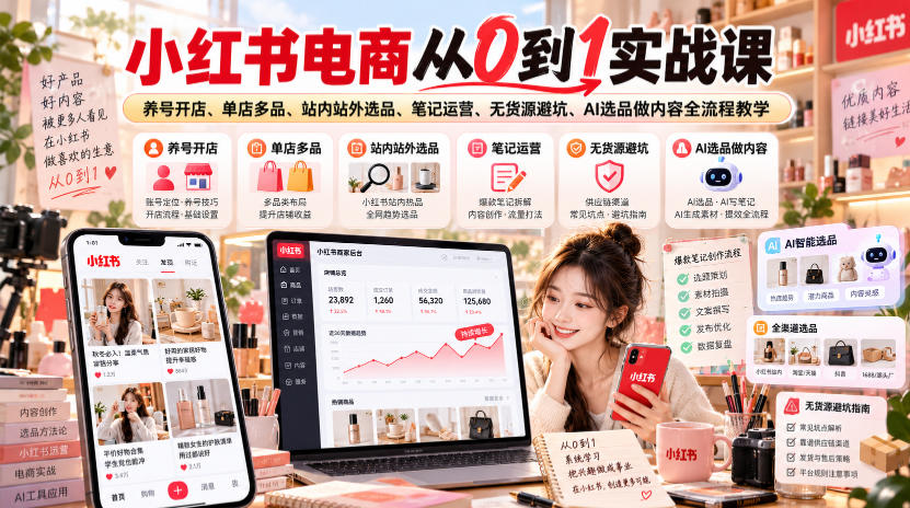 小红书电商从0到1实战课|养号开店、单店多品、站内站外选品、笔记运营、无货源避坑、AI选品做内容全流程教学-宇文网创