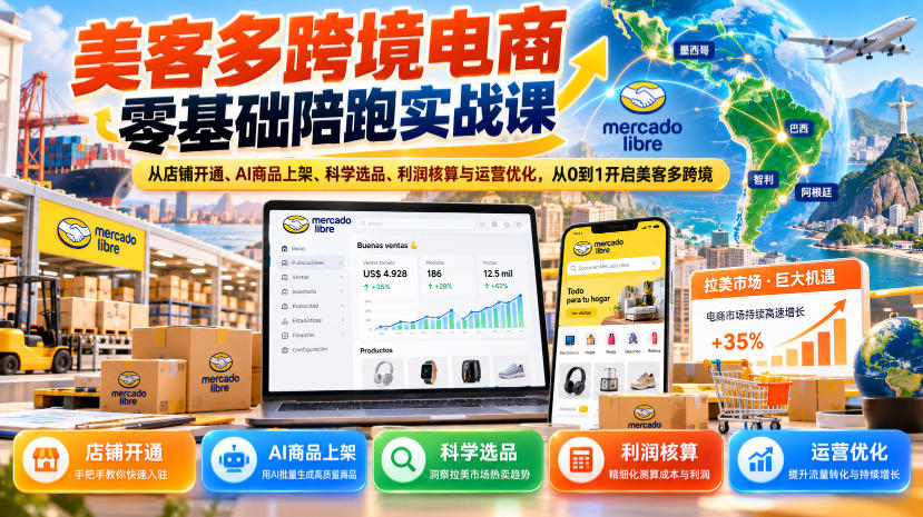 美客多跨境电商零基础陪跑实战课：从店铺开通、AI商品上架、科学选品、利润核算与运营优化，从0到1开启美客多跨境-宇文网创