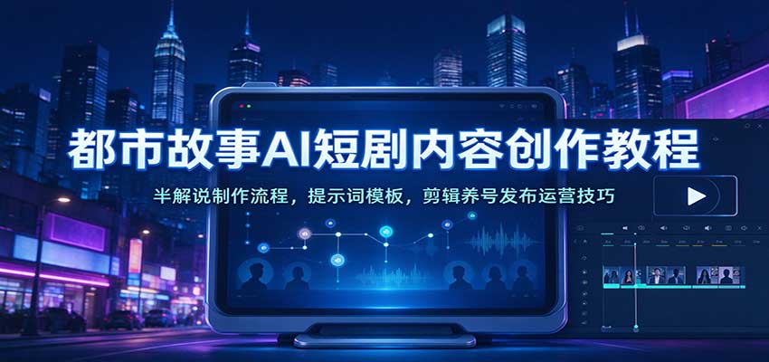 都市故事AI短剧内容创作教程：半解说制作流程，提示词模板，剪辑养号发布运营技巧-宇文网创