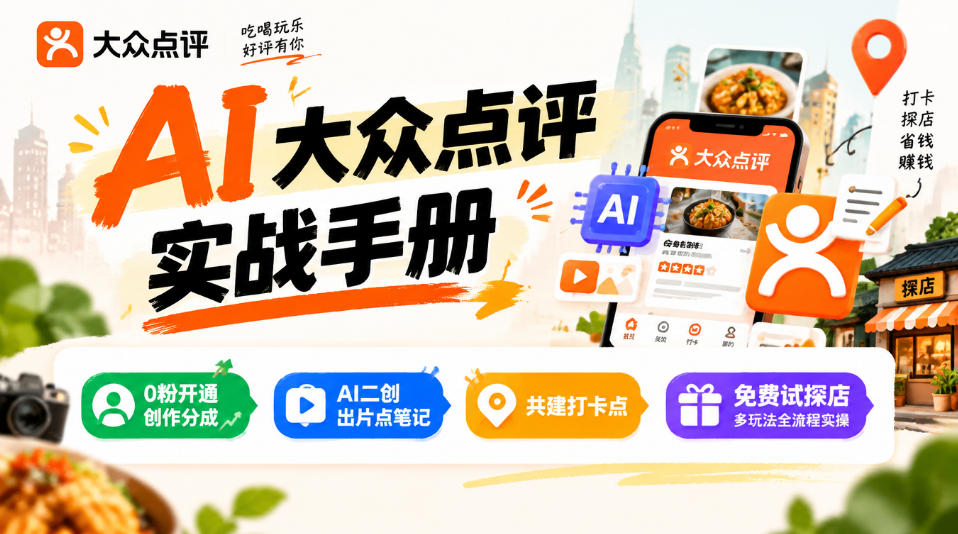 某局的AI大众点评实战手册，0粉开通创作分成、AI二创出片点笔记、共建打卡点、免费试探店多玩法全流程实操-宇文网创