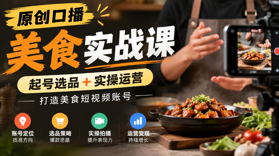 原创口播美食实战课，起号选品+实操运营，打造美食短视频账号-宇文网创