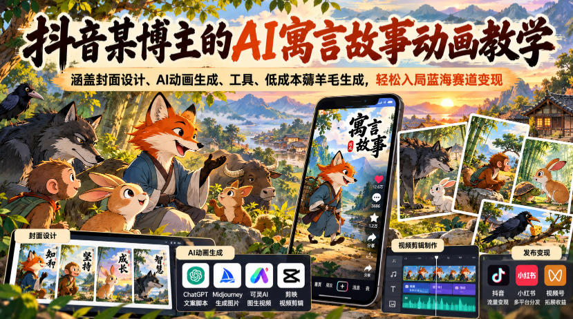 抖音某博主的AI寓言故事动画教学，涵盖封面设计、AI动画生成、工具、低成本薅羊毛生成，轻松入局蓝海赛道变现-宇文网创