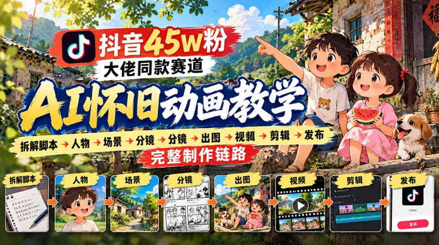 抖音45W粉大佬同款赛道AI怀旧动画实战课:拆解脚本→人物→场景→分镜→出图→视频→剪辑→发布完整制作链路-宇文网创