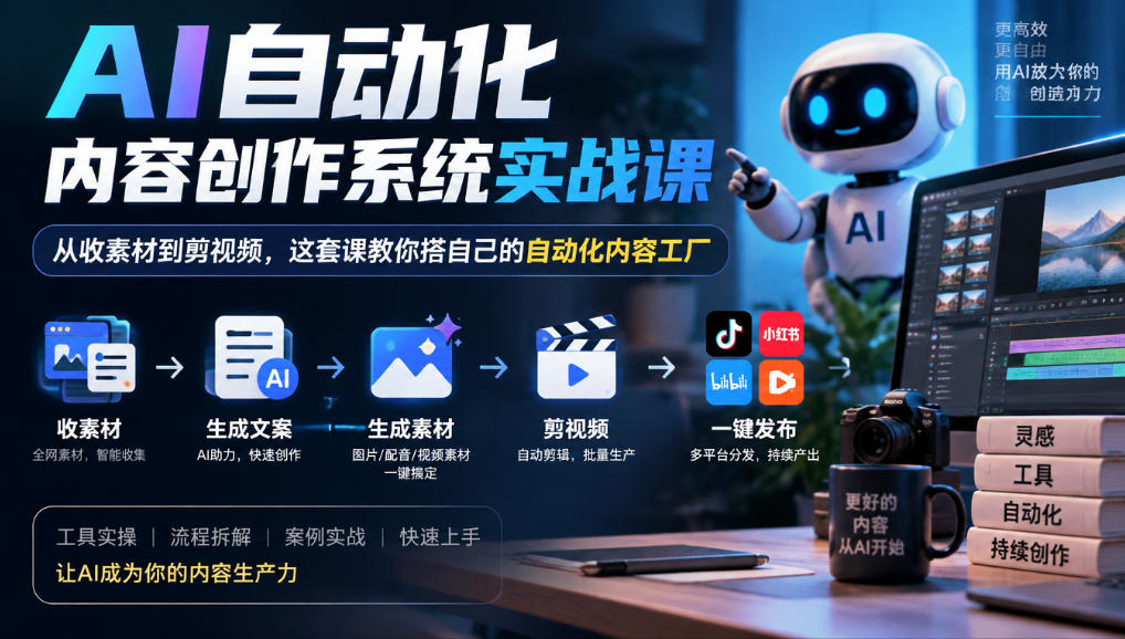 AI自动化内容创作系统实战课，从收素材到剪视频，这套课教你搭自己的自动化内容工厂-宇文网创