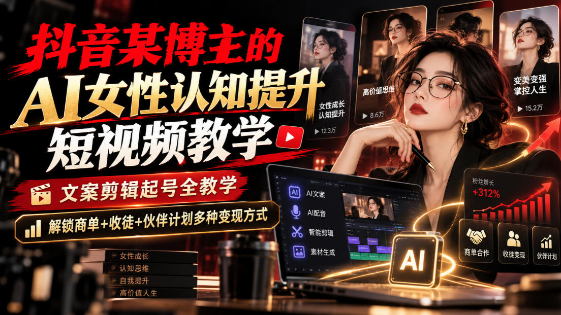 抖音某博主的Ai女性认知提升短视频教学，文案剪辑起号全教学，解锁商单+收徒+伙伴计划多种变现方式-宇文网创