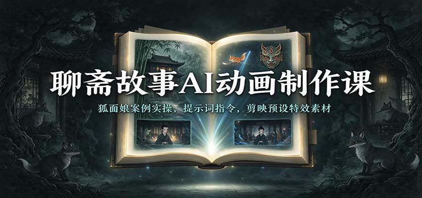 聊斋故事AI动画制作课:狐面娘案例实操,提示词指令,剪映预设特效素材-宇文网创