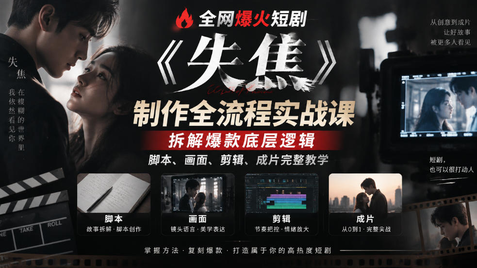 全网爆火短剧《失焦》制作全流程实战课|拆解爆款底层逻辑,脚本、画面、剪辑、成片完整教学-宇文网创