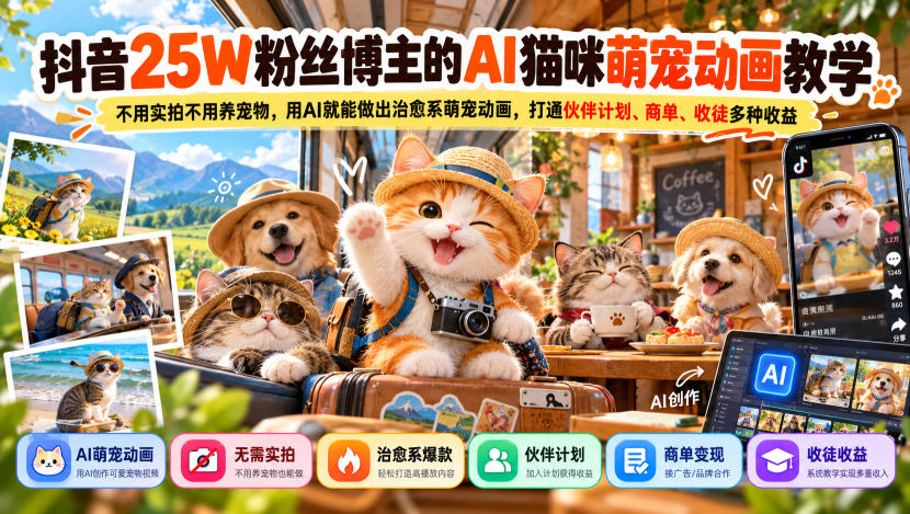 抖音25W粉丝博主的AI猫咪萌宠动画教学，不用实拍不用养宠物，用AI就能做出治愈系萌宠动画，打通伙伴计划、商单、收徒多种收益-宇文网创