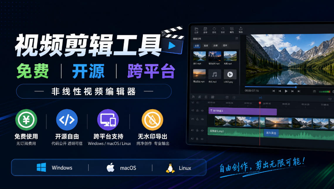 视频剪辑工具,免费、开源、跨平台,非线性视频编辑器,支持Windows、macOS、Linux,无水印、无订阅费用-宇文网创